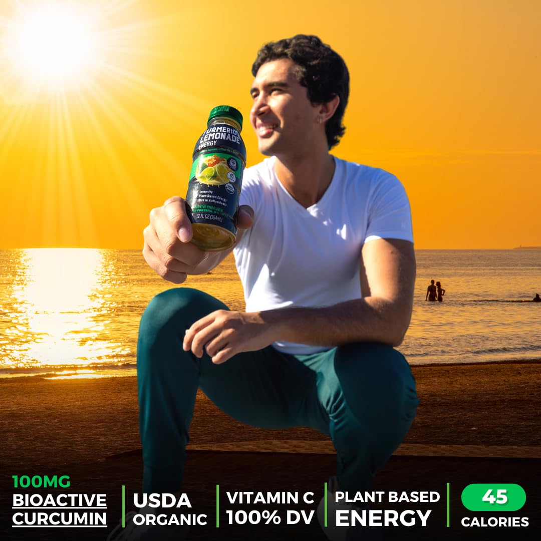 Organic Golden Tiger Turmeric Lemonade with Bioactive Curcumin, Ginger, and Green Tea Caffeine for Energy and Recovery - 12 Bottles