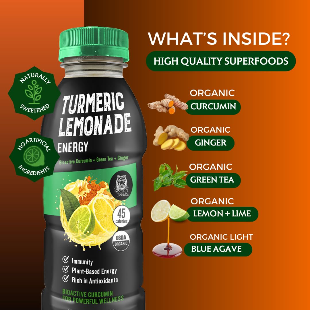 Organic Golden Tiger Turmeric Lemonade with Bioactive Curcumin, Ginger, and Green Tea Caffeine for Energy and Recovery - 12 Bottles