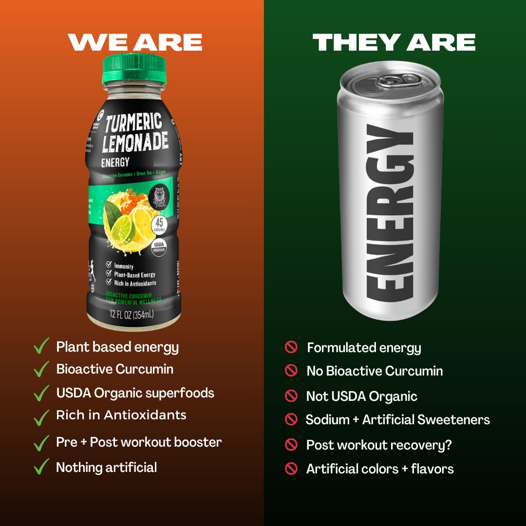 Organic Golden Tiger Turmeric Lemonade with Bioactive Curcumin, Ginger, and Green Tea Caffeine for Energy and Recovery - 12 Bottles