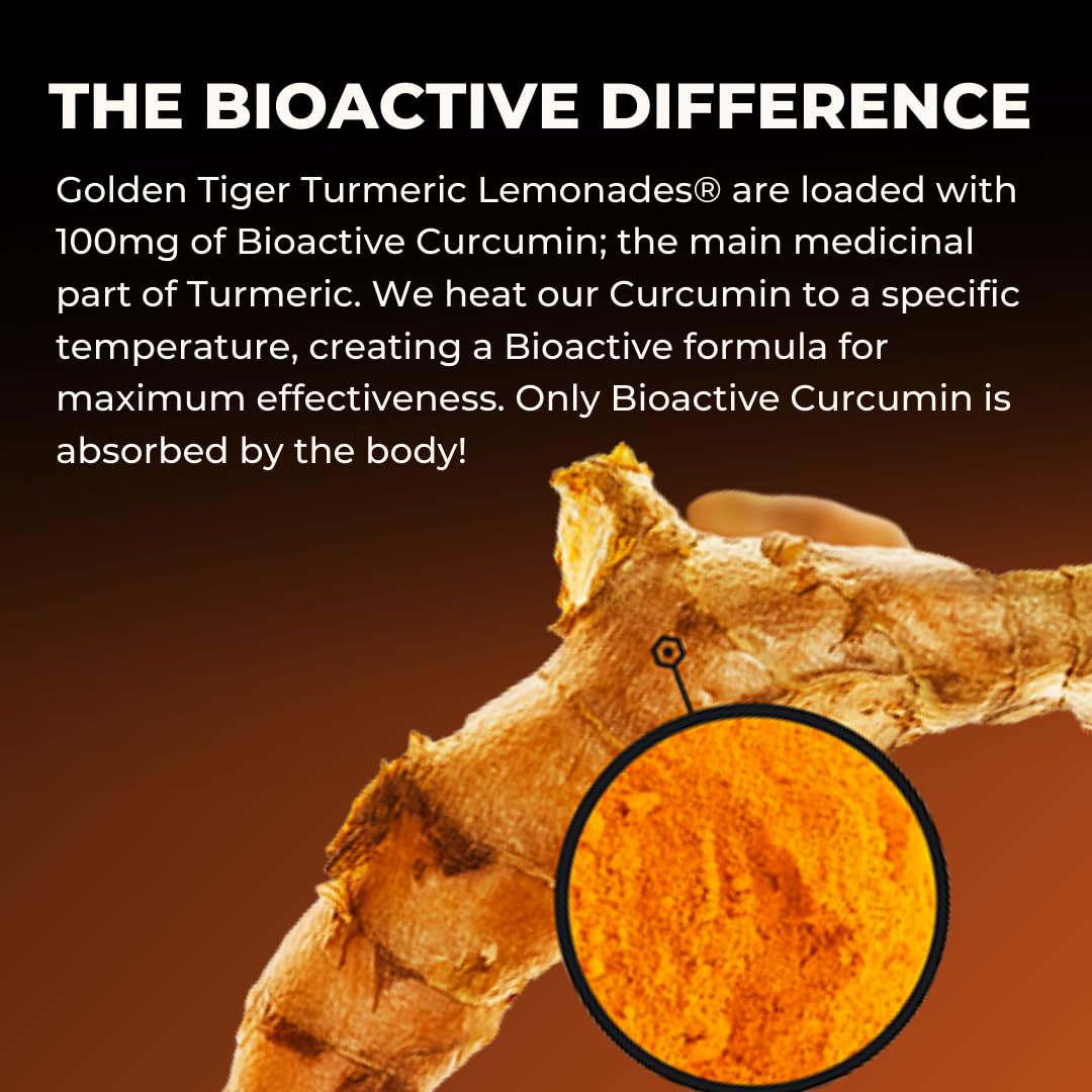 Organic Golden Tiger Turmeric Lemonade with Bioactive Curcumin, Ginger, and Green Tea Caffeine for Energy and Recovery - 12 Bottles