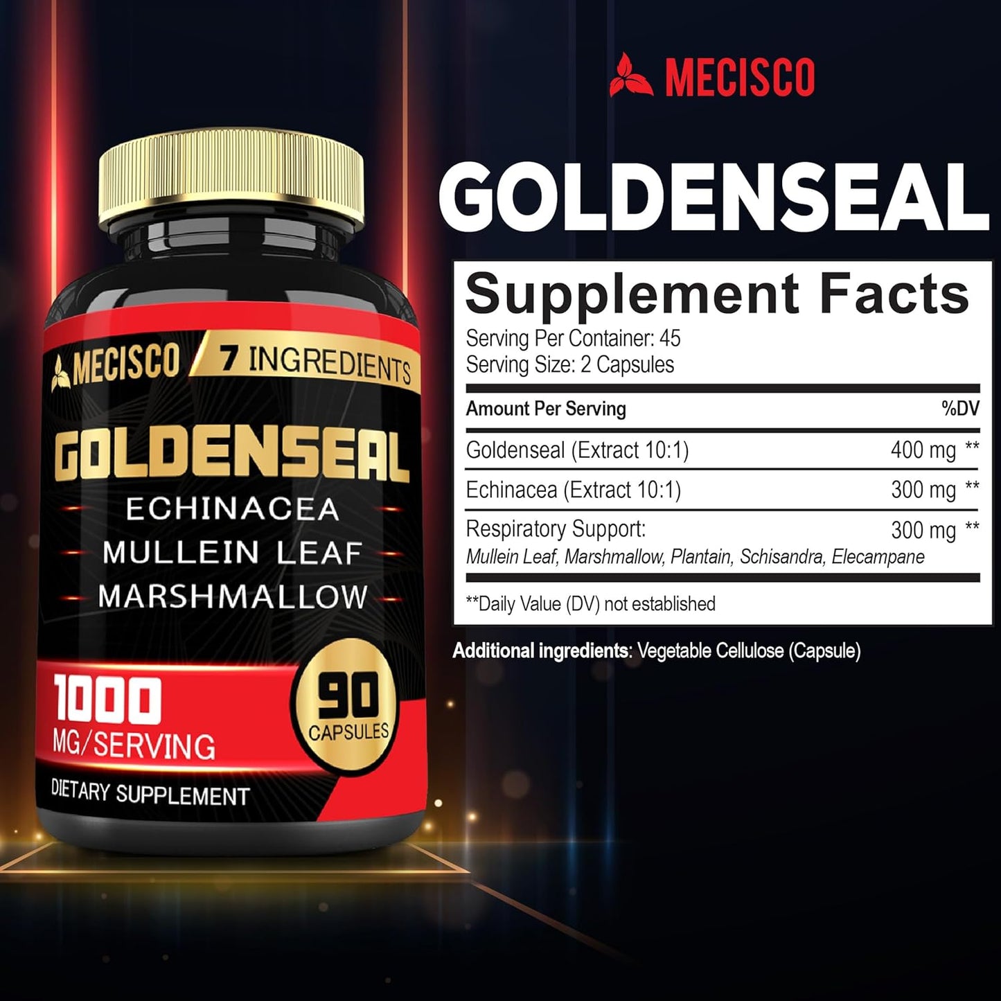 Organic Goldenseal Root Capsules with Echinacea, Mullein Leaf, Plantain - 90 Veggie Caps - Immune & Digestive Support