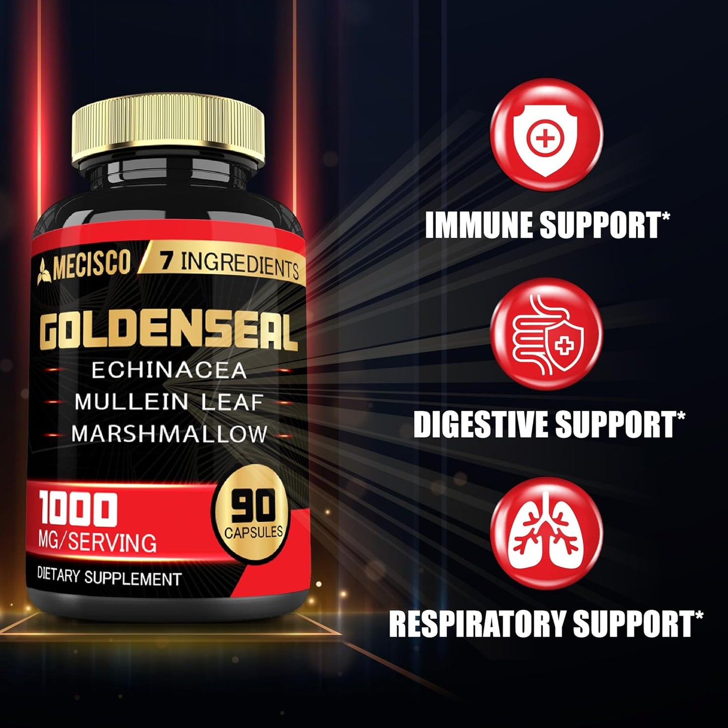 Organic Goldenseal Root Capsules with Echinacea, Mullein Leaf, Plantain - 90 Veggie Caps - Immune & Digestive Support