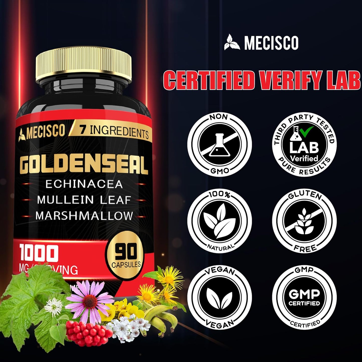 Organic Goldenseal Root Capsules with Echinacea, Mullein Leaf, Plantain - 90 Veggie Caps - Immune & Digestive Support