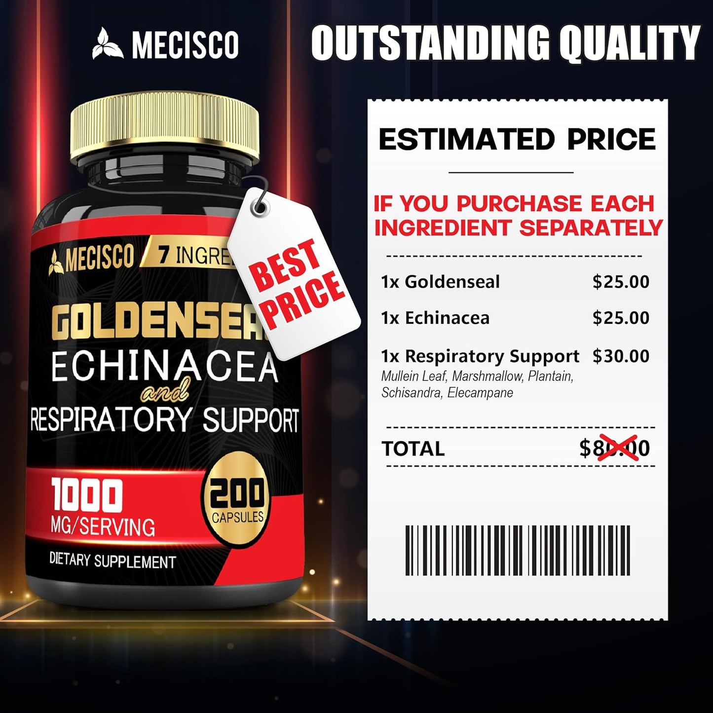 Organic Goldenseal Root Capsules with Echinacea, Mullein Leaf, Plantain - Immune System & Digestive Health Support - 200 Caps