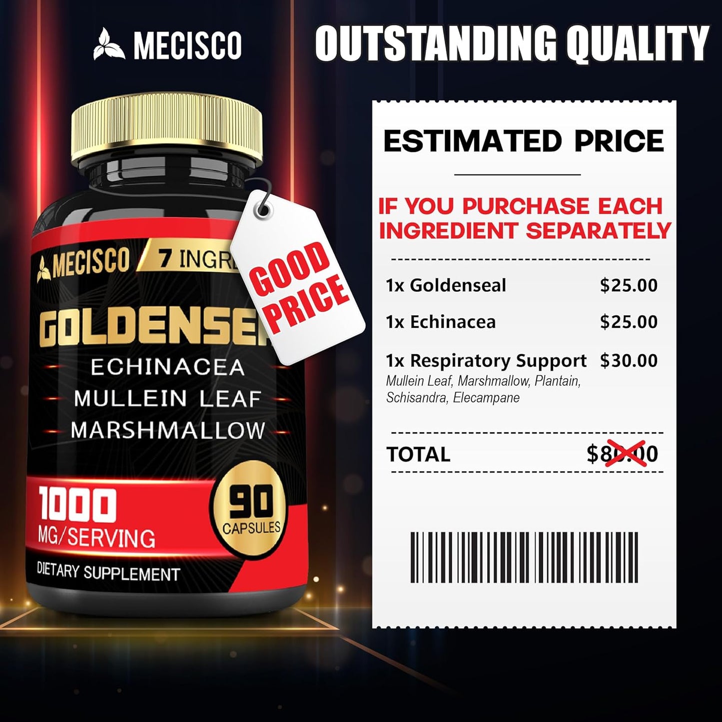 Organic Goldenseal Root Capsules with Echinacea, Mullein Leaf, Plantain - 90 Veggie Caps - Immune & Digestive Support