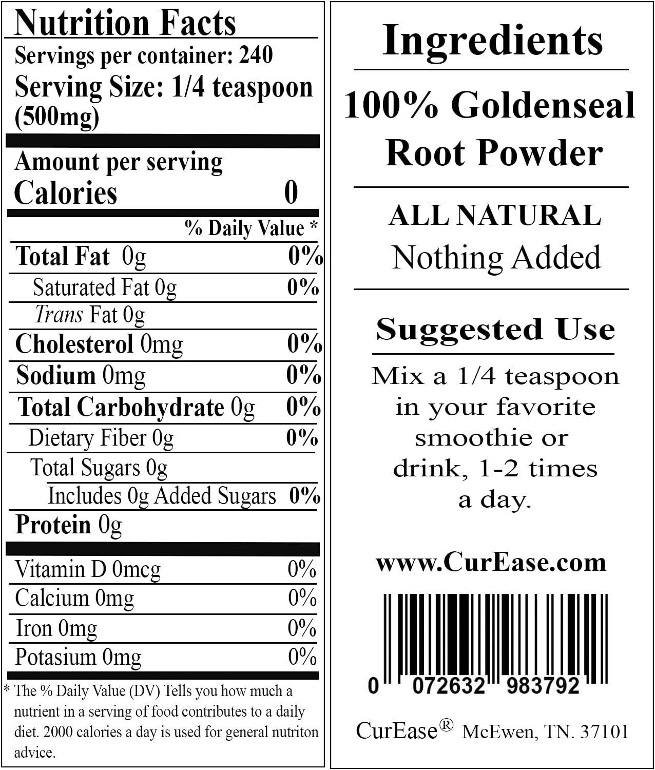 Organic Goldenseal Root Powder - 4.2 oz (240 Servings) - CurEase