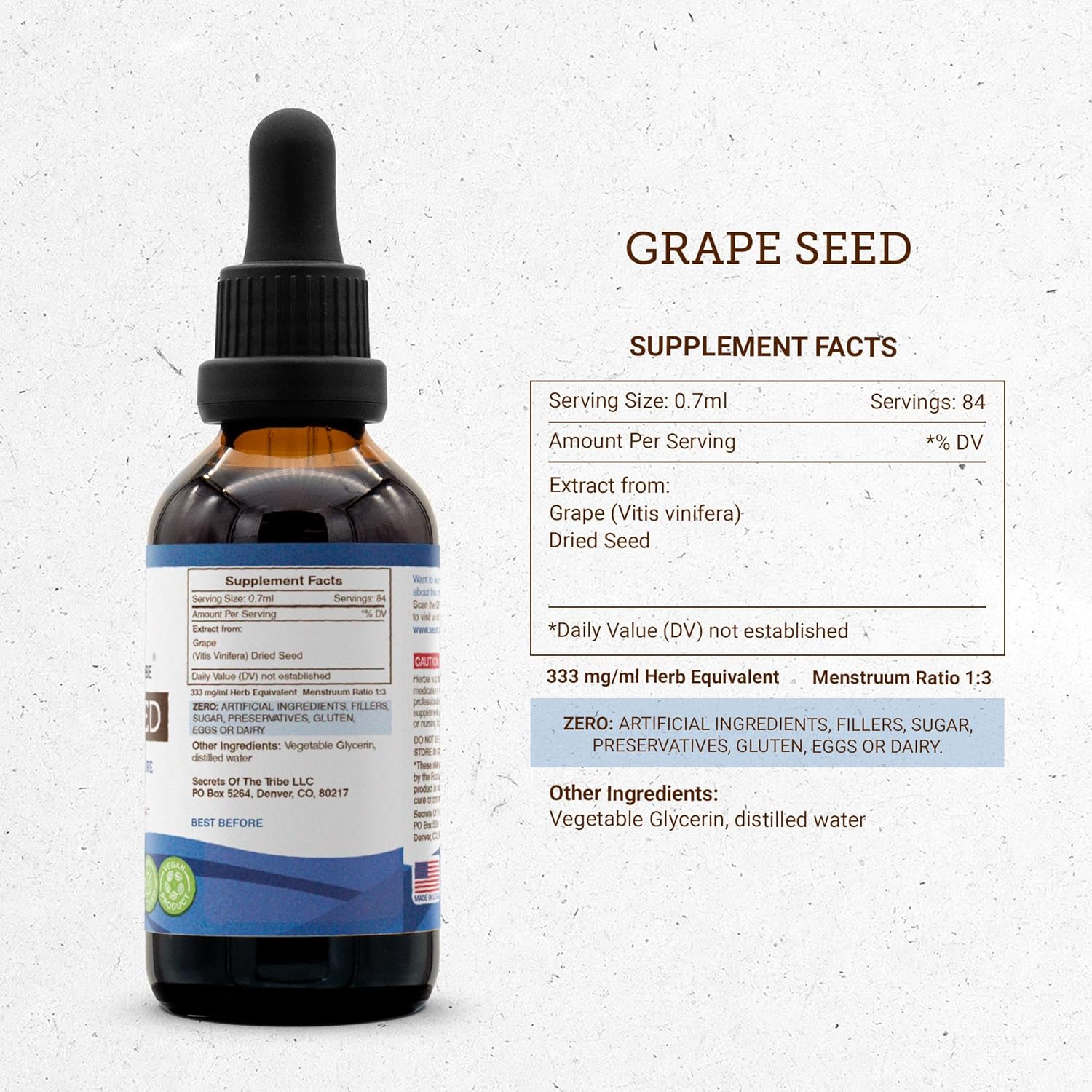 Organic Grape Seed Extract Tincture - Alcohol-Free Liquid - 2 FL OZ - Vitis Vinifera Dried Seed - Herbal Supplement