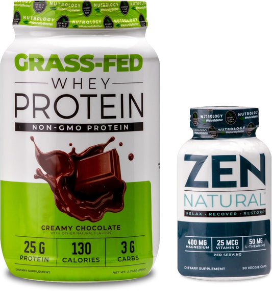 Organic Grass Fed Whey Protein Powder for Lean Muscle Recovery, Creamy Chocolate Flavor, 28 Servings + Zen Natural Magnesium Supplement, 30 Servings