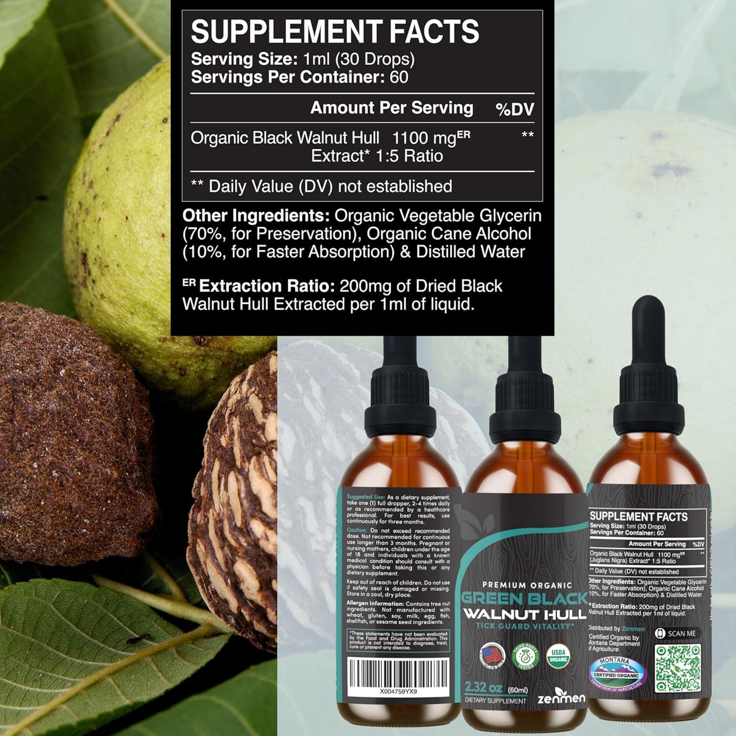 Organic Green Black Walnut Hull Tincture - Immune Support & Antioxidants - 2.32 oz - Vegan - Made in USA