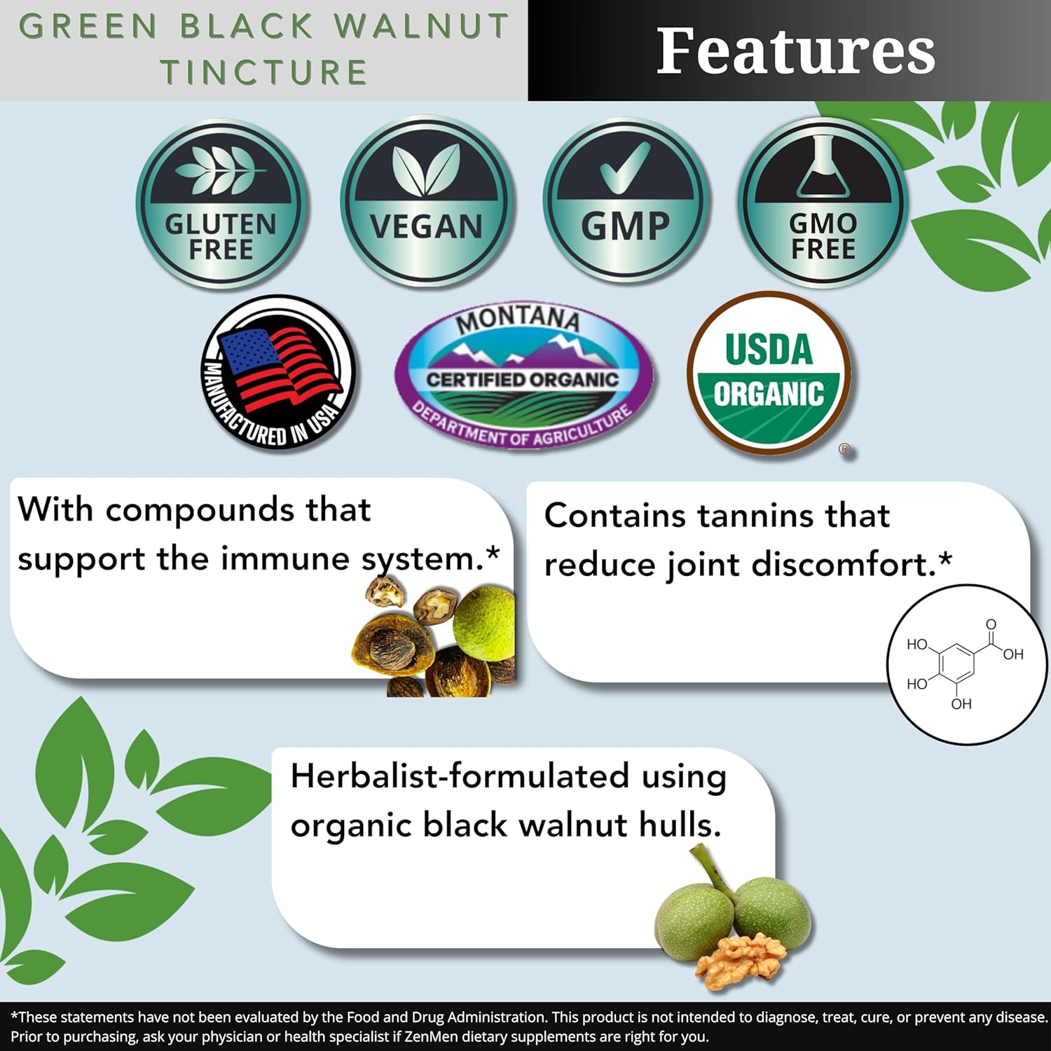 Organic Green Black Walnut Hull Tincture - Immune Support & Antioxidants - 2.32 oz - Vegan - Made in USA