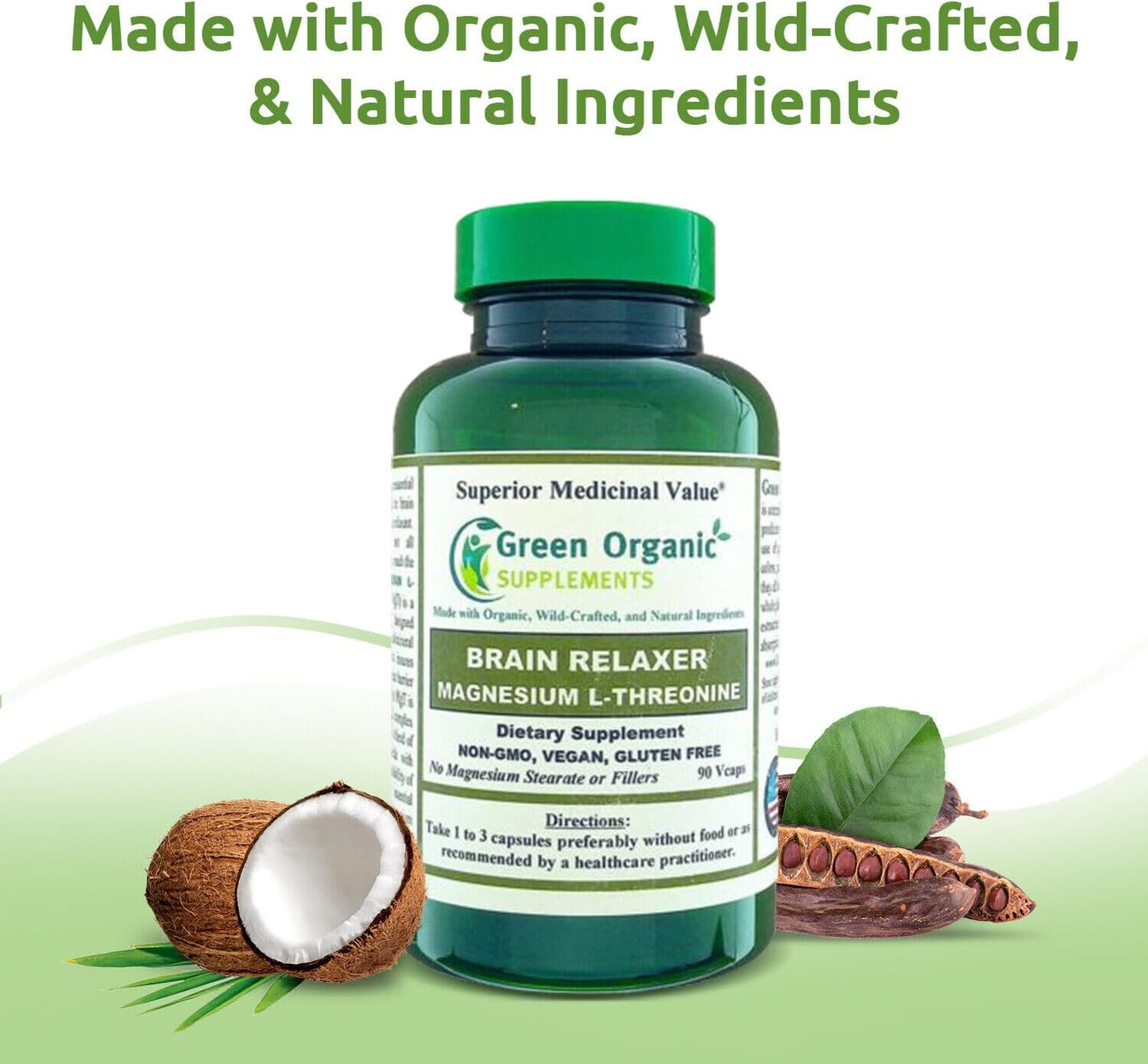 Organic Green Magnesium L-Threonine Supplements - 180 VCaps (2 Pack)