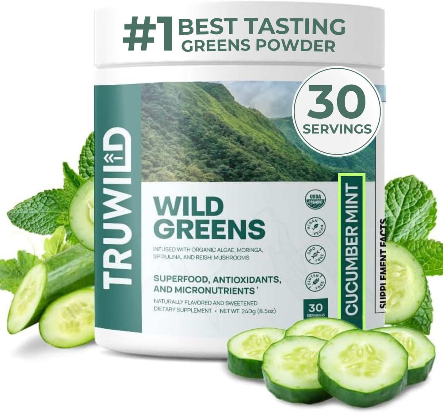 Organic Green Superfood Juice Powder with 22+ Antioxidants & Nutrients for Immune Health, Stress Relief, Digestion - 30 Servings (Cucumber Mint)