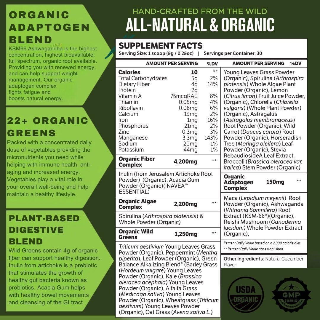 Organic Green Superfood Juice Powder with 22+ Antioxidants & Nutrients for Immune Health, Stress Relief, Digestion - 30 Servings (Cucumber Mint)