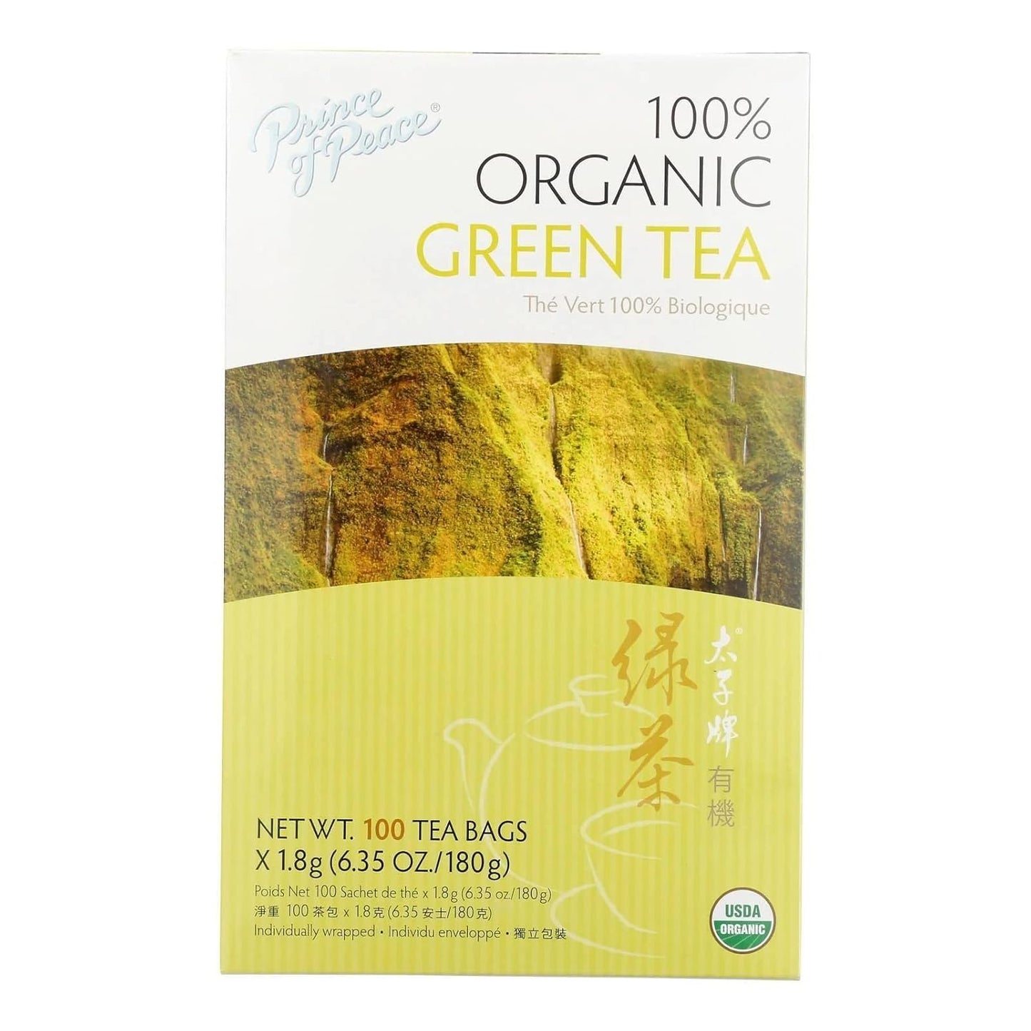 Organic Green Tea - 100 Tea Bags, 6.35 oz, Prince of Peace, 100% Natural