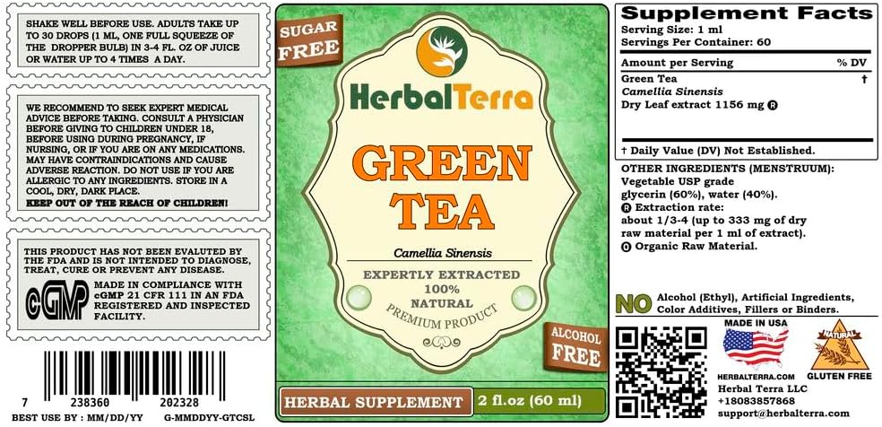 Organic Green Tea Glycerite Extract - Alcohol-Free Liquid Formula - 2 oz Bottle