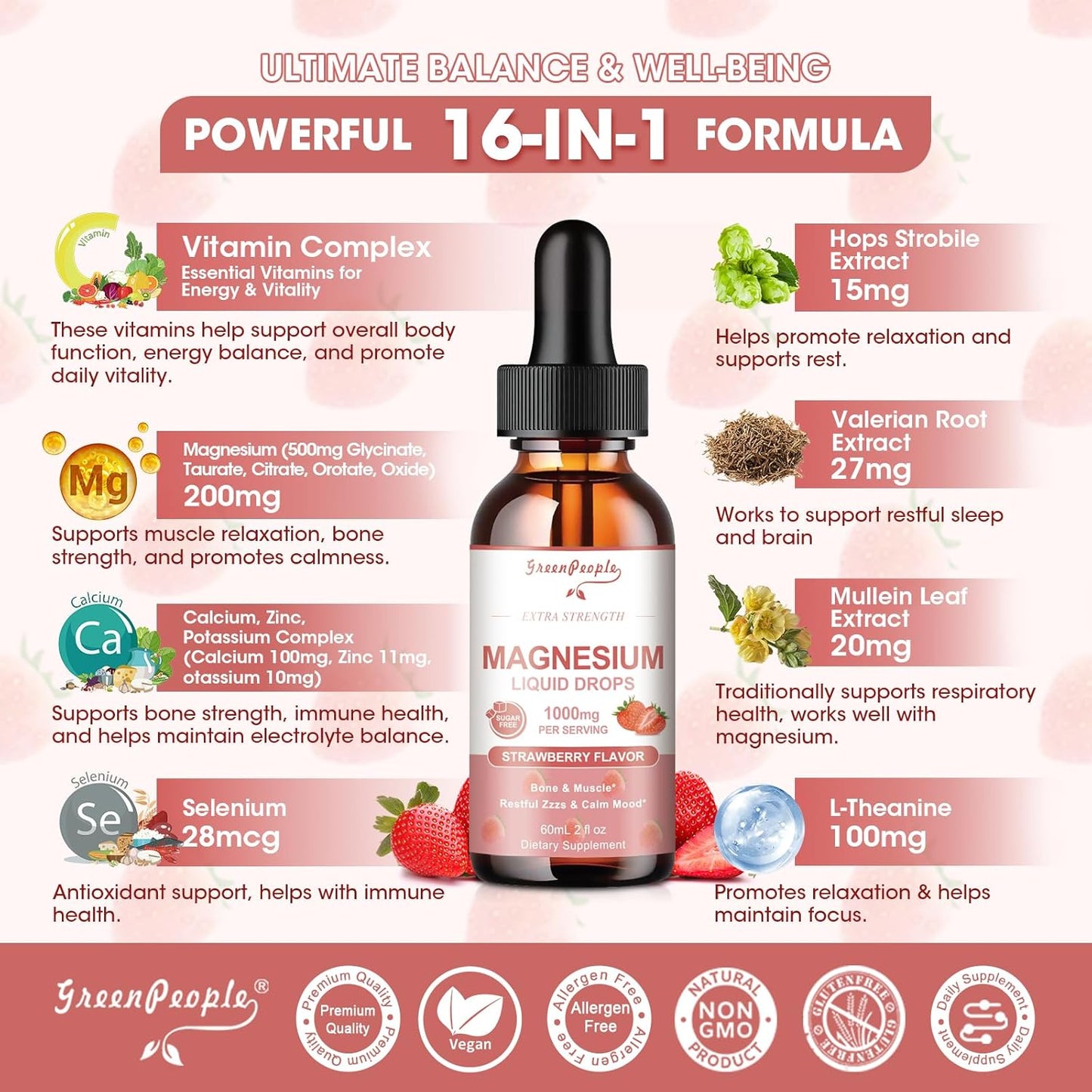 Organic GreenPeople Magnesium Glycinate Liquid Drops - 5 Types Magnesium Complex with D3, K2 & B6 - Bone & Muscle Support - Sugar-Free Strawberry - 2fl Oz