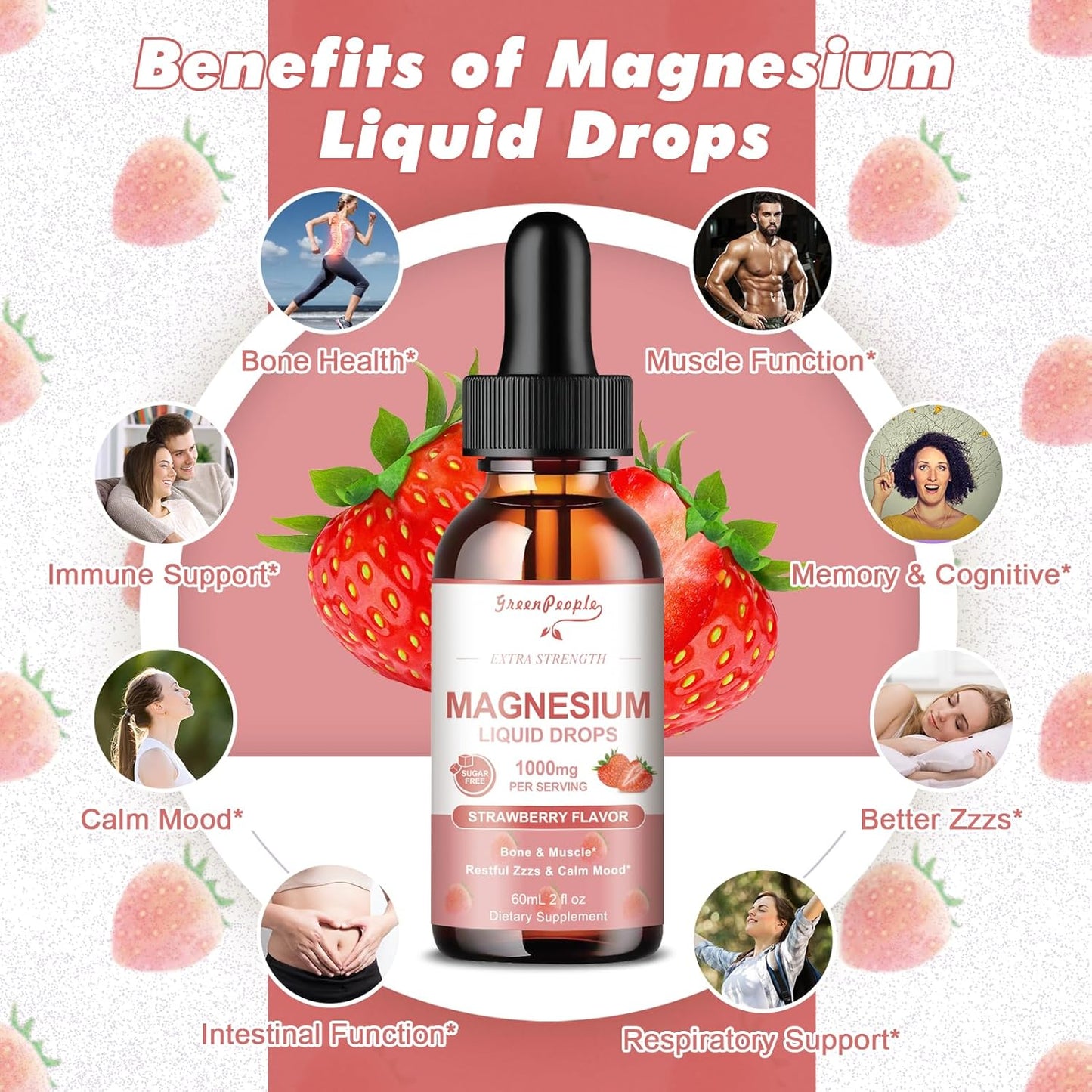 Organic GreenPeople Magnesium Glycinate Liquid Drops - 5 Types Magnesium Complex with D3, K2 & B6 - Bone & Muscle Support - Sugar-Free Strawberry - 2fl Oz