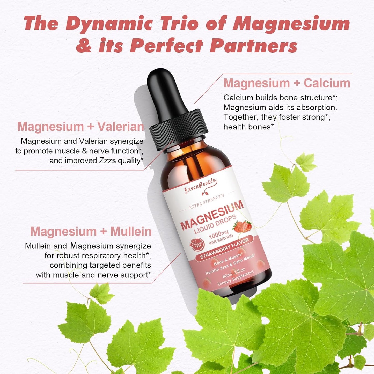 Organic GreenPeople Magnesium Glycinate Liquid Drops - 5 Types Magnesium Complex with D3, K2 & B6 - Bone & Muscle Support - Sugar-Free Strawberry - 2fl Oz
