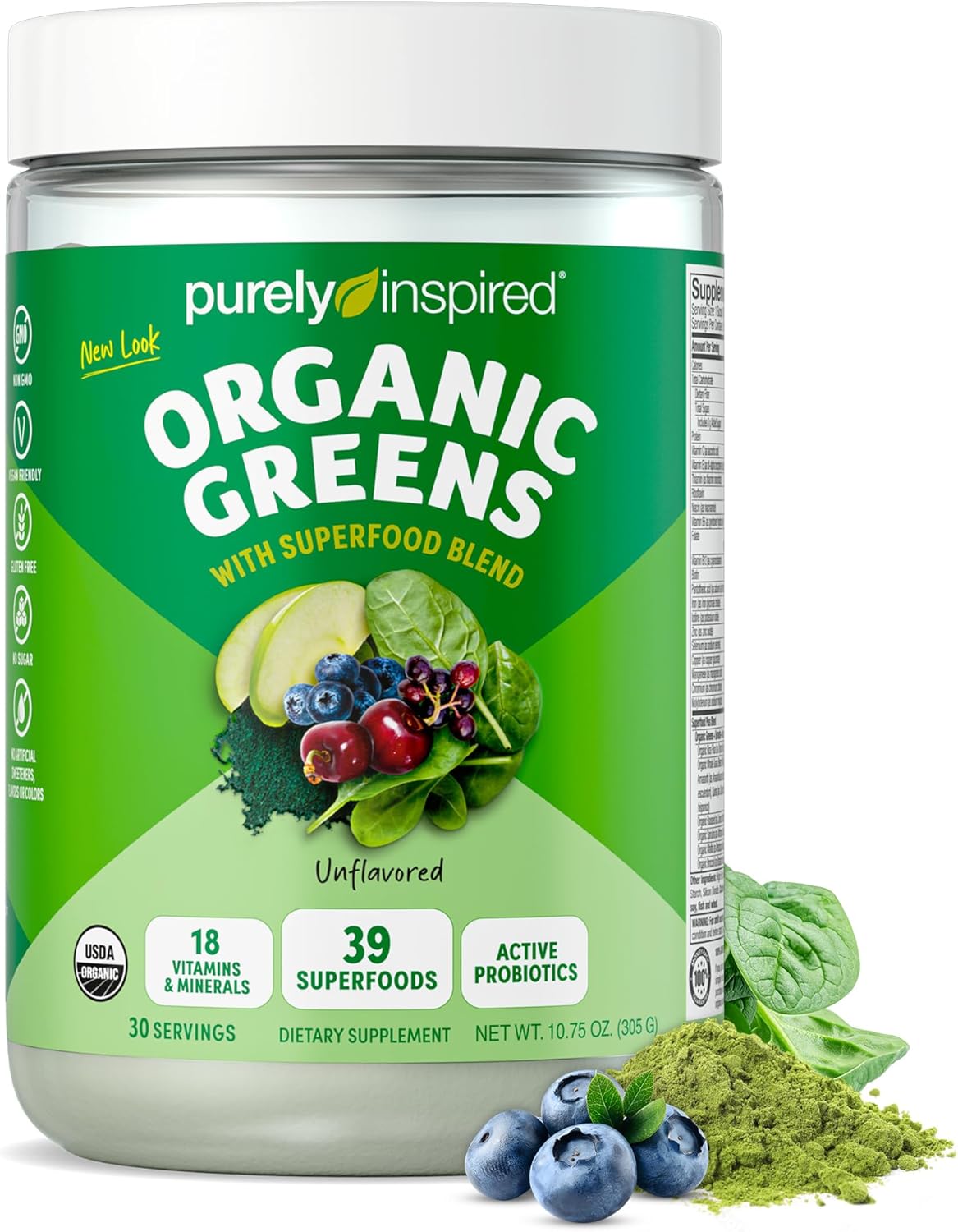 Organic Greens Powder Superfood Smoothie Mix - Unflavored (30 Servings) - Probiotics, Spirulina & Chlorella for Gut Health - Vegan & Gluten-Free