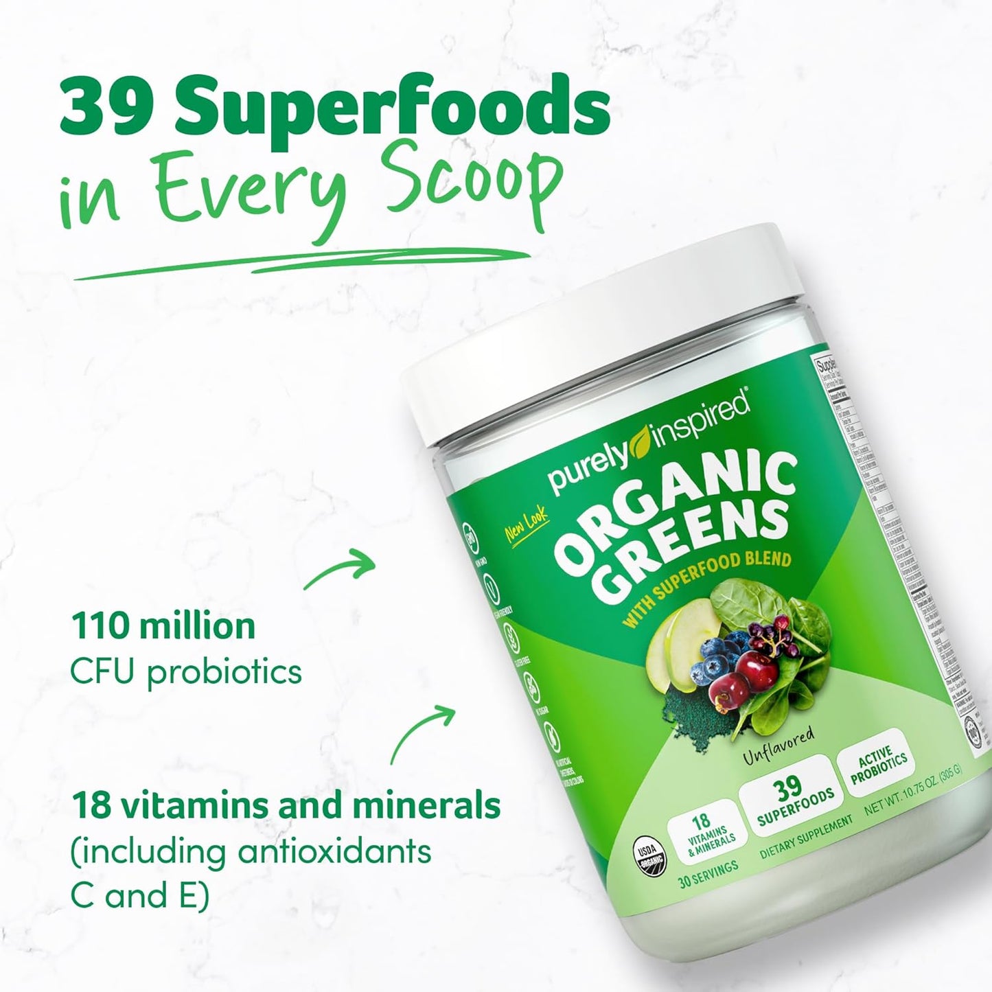 Organic Greens Powder Superfood Smoothie Mix - Unflavored (30 Servings) - Probiotics, Spirulina & Chlorella for Gut Health - Vegan & Gluten-Free
