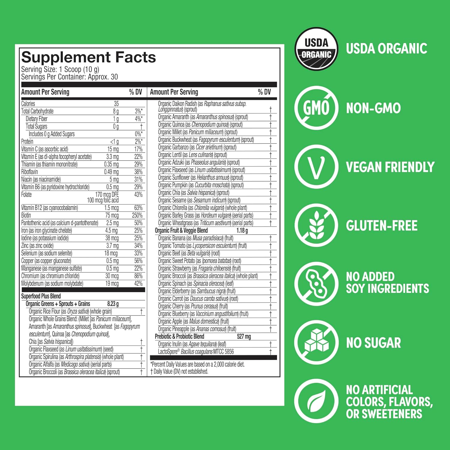 Organic Greens Powder Superfood Smoothie Mix - Unflavored (30 Servings) - Probiotics, Spirulina & Chlorella for Gut Health - Vegan & Gluten-Free