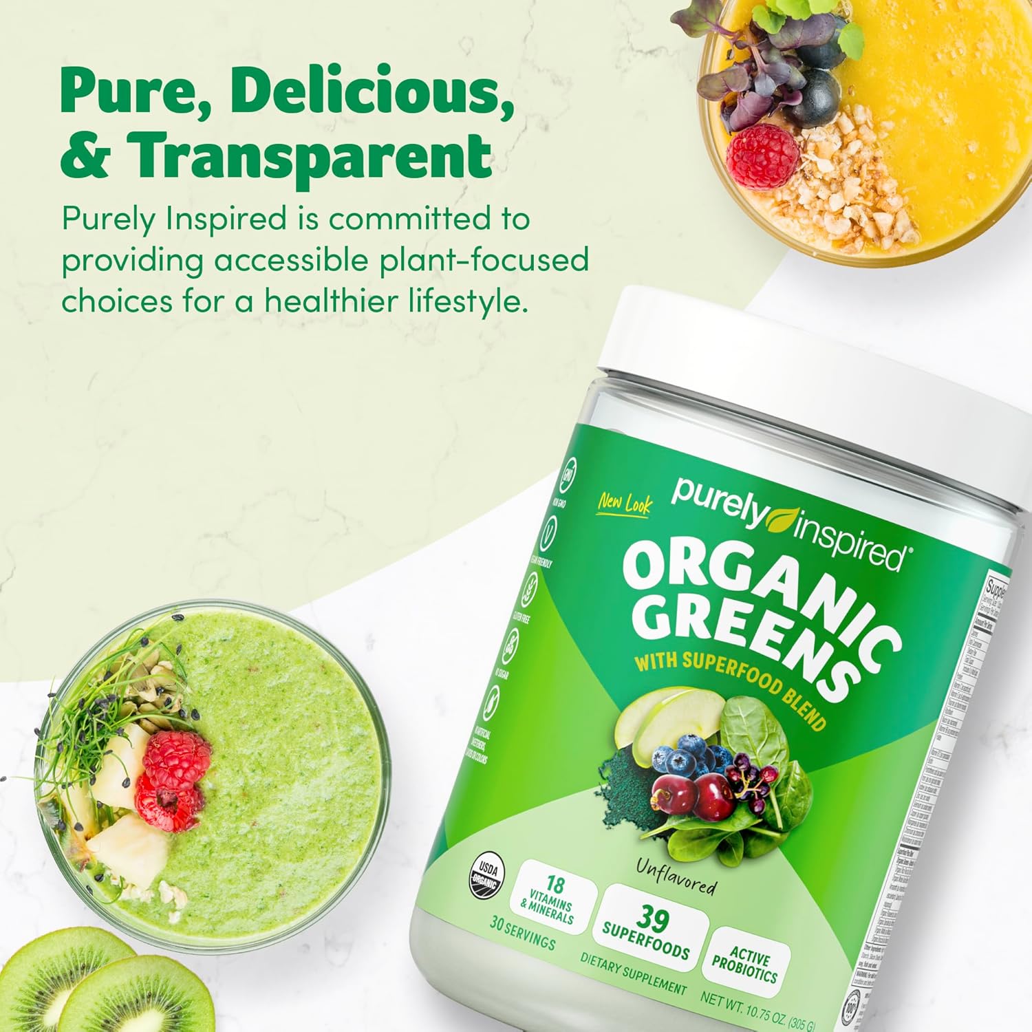 Organic Greens Powder Superfood Smoothie Mix - Unflavored (30 Servings) - Probiotics, Spirulina & Chlorella for Gut Health - Vegan & Gluten-Free