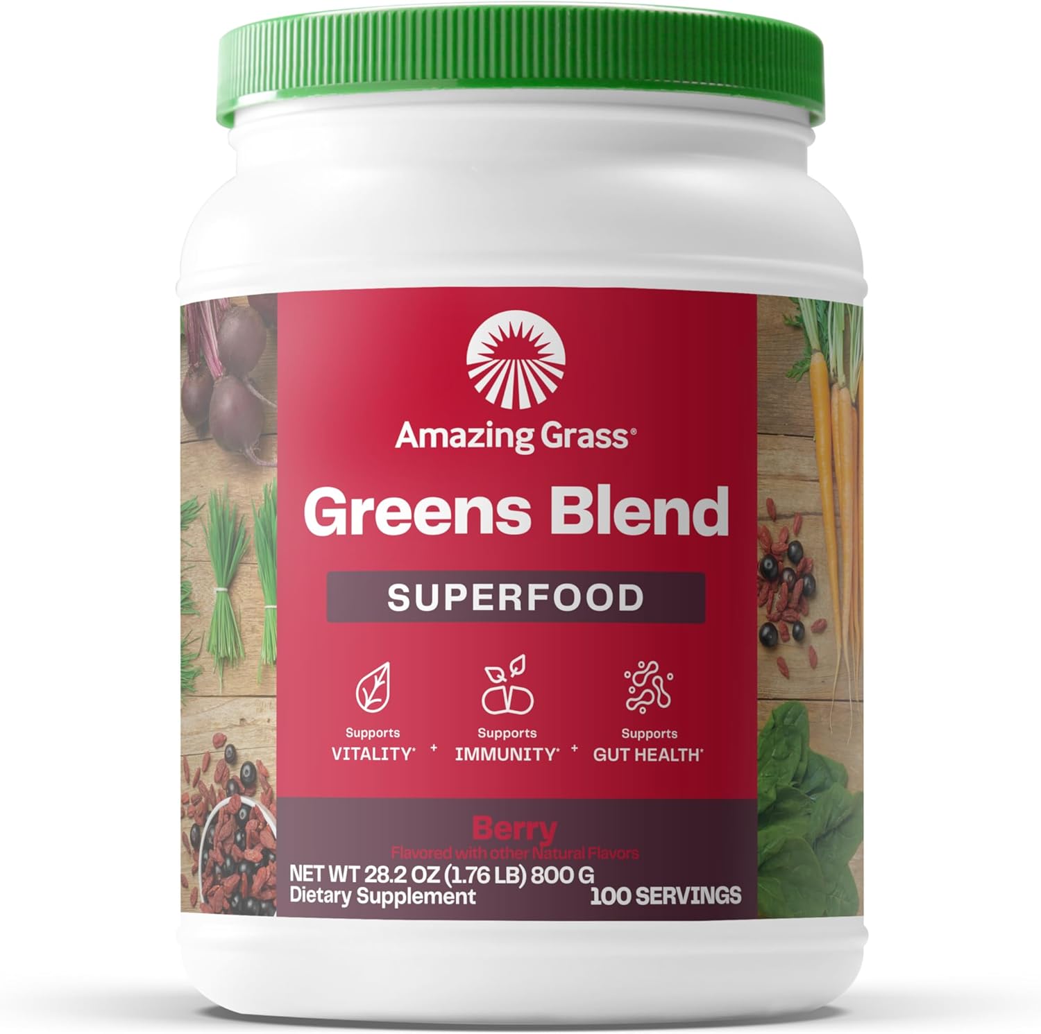 Organic Greens Superfood Powder with Digestive Enzymes & Probiotics - Berry Flavor, 100 Servings