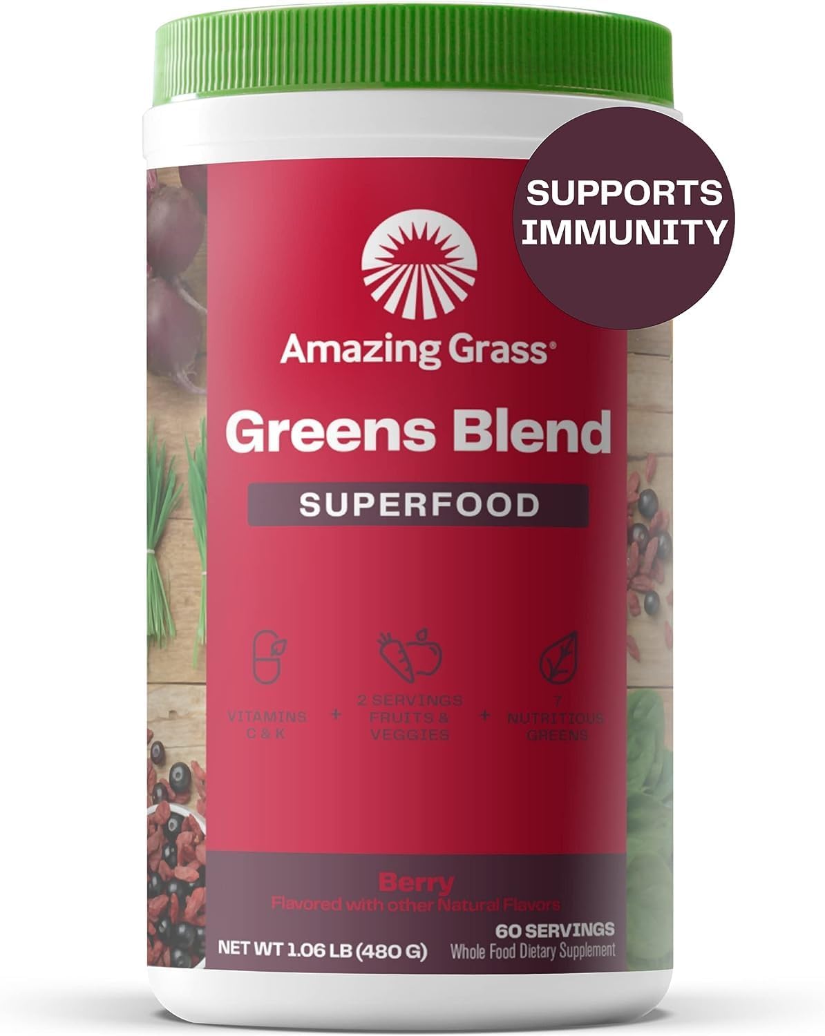 Organic Greens Superfood Powder with Digestive Enzymes, Probiotics, Spirulina, Chlorella, Beet Root, Berry - 60 Servings