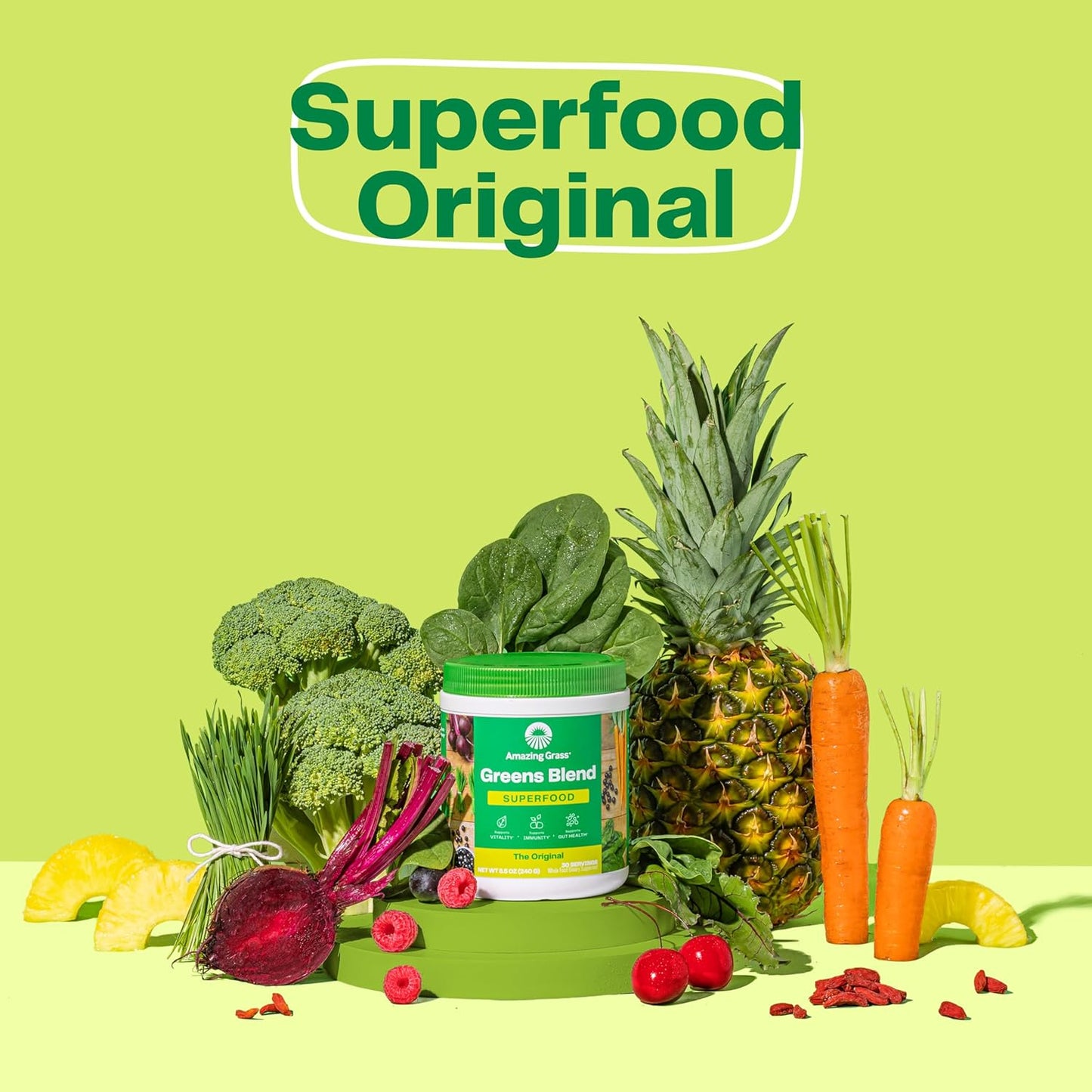 Organic Greens Superfood Powder with Digestive Enzymes & Probiotics - Original Blend with Spirulina, Chlorella, Beet Root - 15 Servings