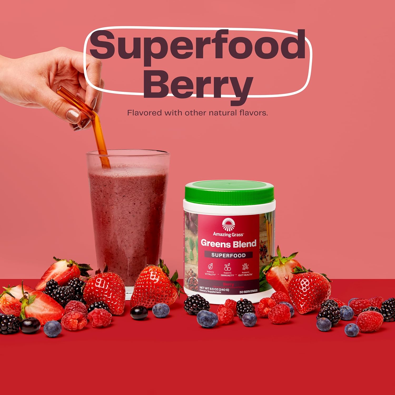 Organic Greens Superfood Powder with Digestive Enzymes & Probiotics - Berry Flavor, 100 Servings