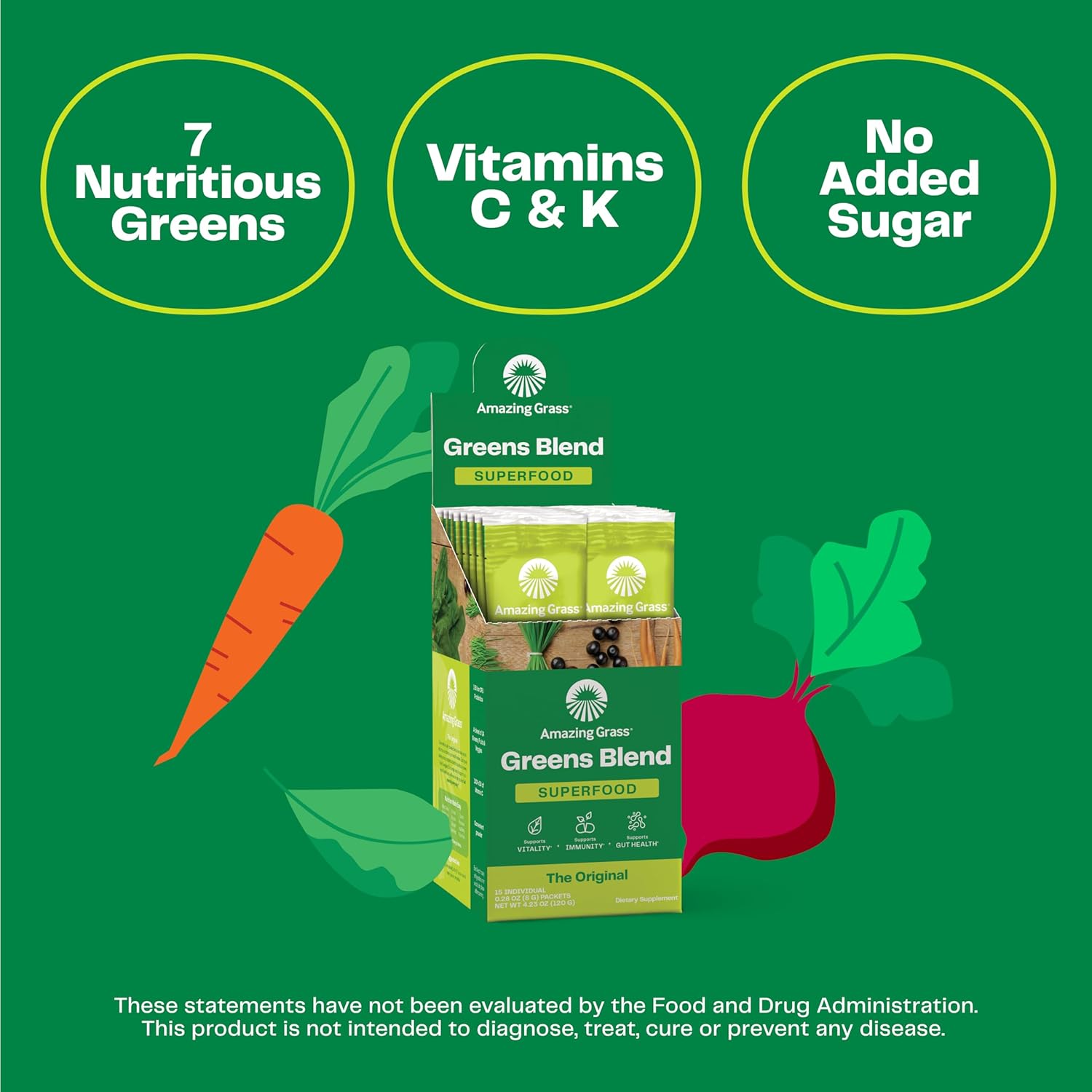 Organic Greens Superfood Powder with Digestive Enzymes & Probiotics - Original Blend with Spirulina, Chlorella, Beet Root - 15 Servings