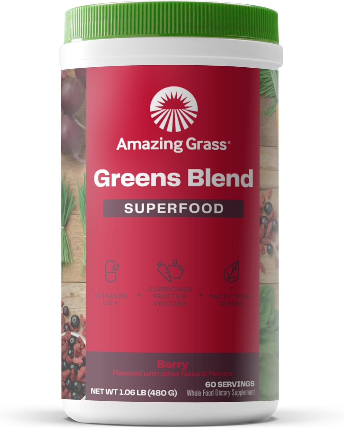 Organic Greens Superfood Powder with Digestive Enzymes, Probiotics, Spirulina, Chlorella, Beet Root, Berry - 60 Servings