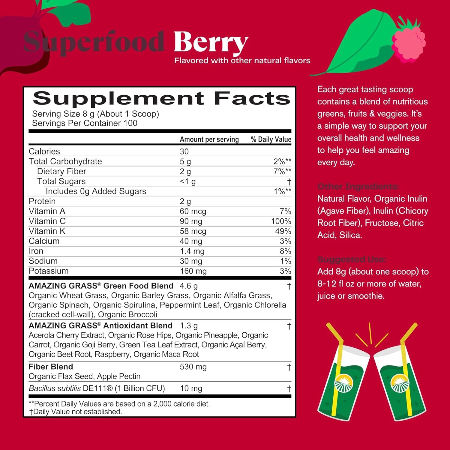 Organic Greens Superfood Powder with Digestive Enzymes & Probiotics - Berry Flavor, 100 Servings