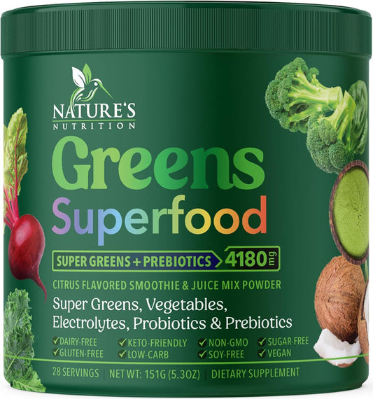 Organic Greens Superfood Powder with Probiotics and Wheat Grass - Digestive Health Drink Mix - 28 Servings