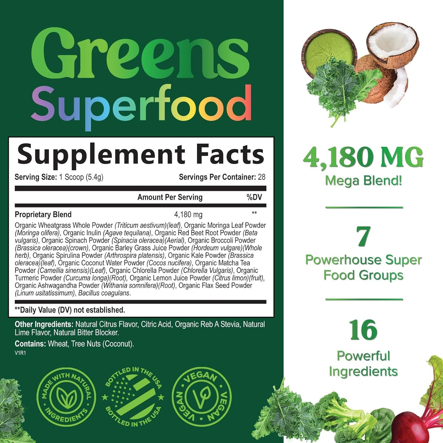 Organic Greens Superfood Powder with Probiotics and Wheat Grass - Digestive Health Drink Mix - 28 Servings