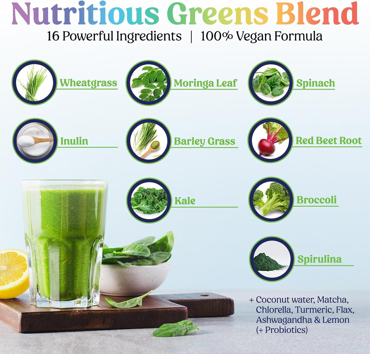 Organic Greens Superfood Powder with Probiotics and Wheat Grass - Digestive Health Drink Mix - 28 Servings