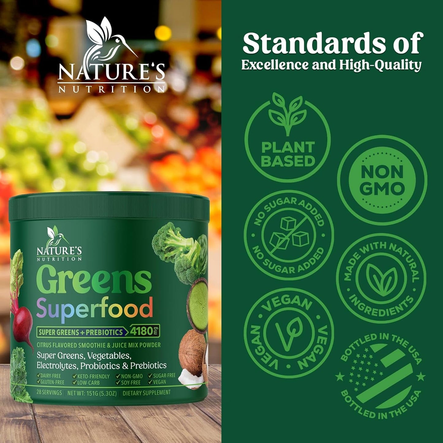 Organic Greens Superfood Powder with Probiotics and Wheat Grass - Digestive Health Drink Mix - 28 Servings