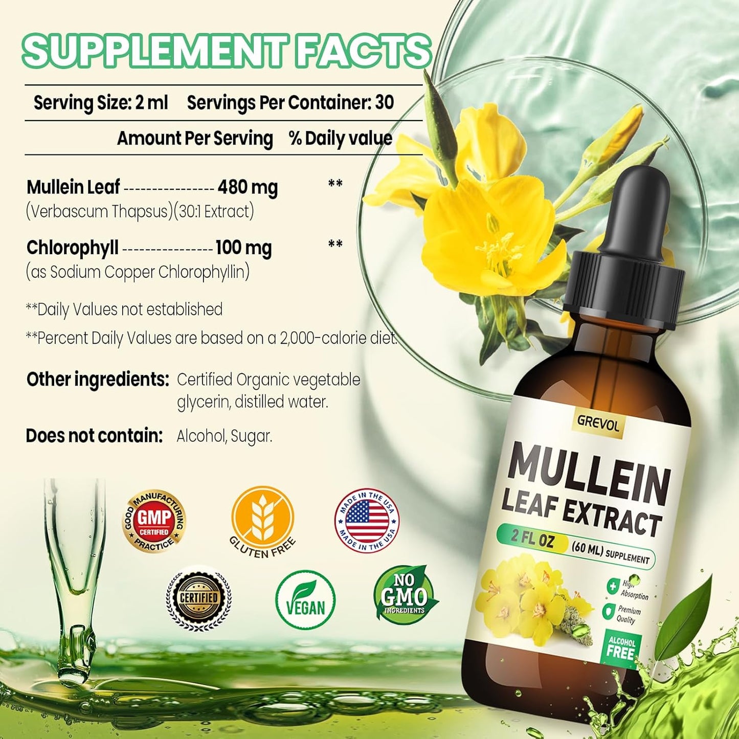 Organic Grevol Mullein Leaf Drops Tincture - Lung Cleanse & Respiratory Support Supplement - 30:1 Extract with Chlorophyll - Non-GMO, Vegan - 2 Fl Oz