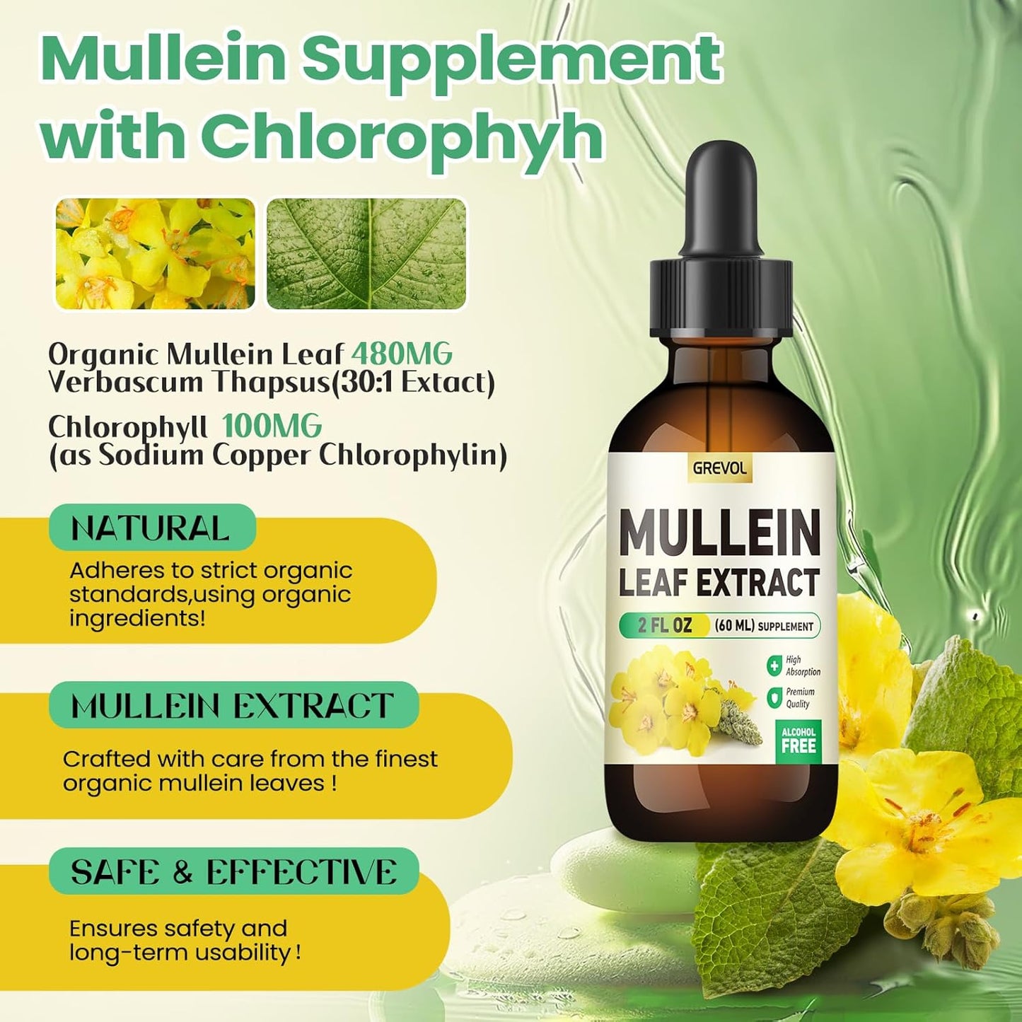 Organic Grevol Mullein Leaf Drops Tincture - Lung Cleanse & Respiratory Support Supplement - 30:1 Extract with Chlorophyll - Non-GMO, Vegan - 2 Fl Oz