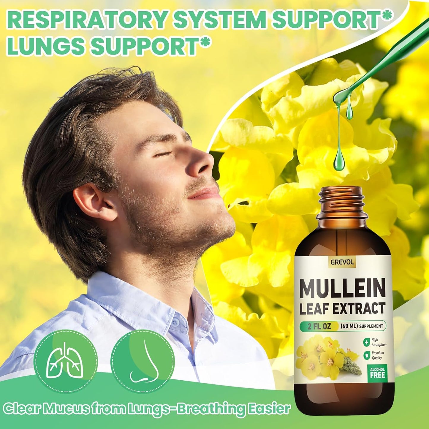 Organic Grevol Mullein Leaf Drops Tincture - Lung Cleanse & Respiratory Support Supplement - 30:1 Extract with Chlorophyll - Non-GMO, Vegan - 2 Fl Oz