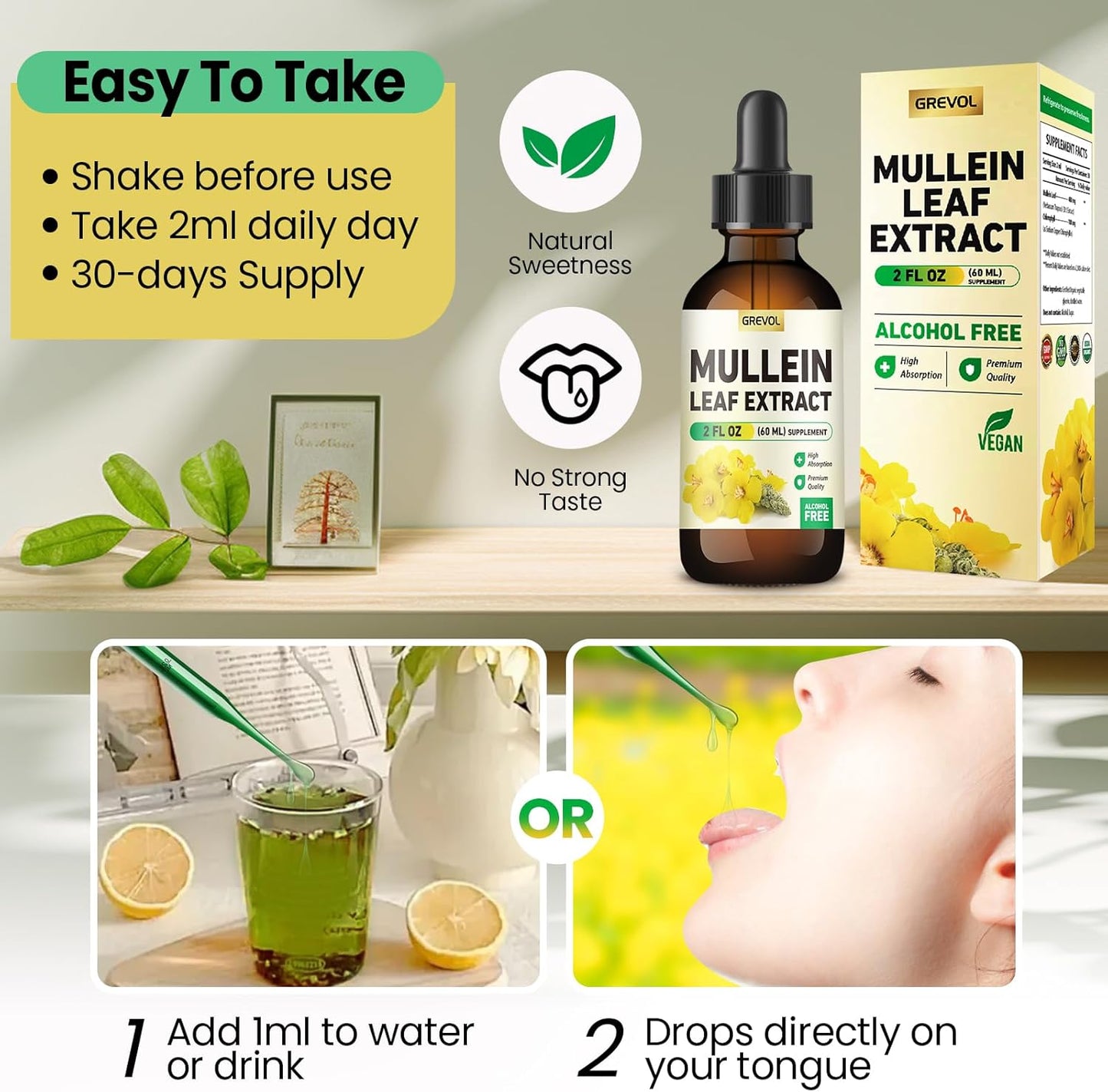 Organic Grevol Mullein Leaf Drops Tincture - Lung Cleanse & Respiratory Support Supplement - 30:1 Extract with Chlorophyll - Non-GMO, Vegan - 2 Fl Oz
