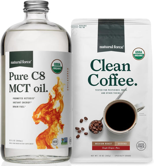Organic Ground Clean Coffee with Pure C8 MCT Oil Bundle - Non-GMO, Keto, Paleo, Vegan - Mold & Mycotoxin Free - 10 Oz Bag, 32 Oz Bottle