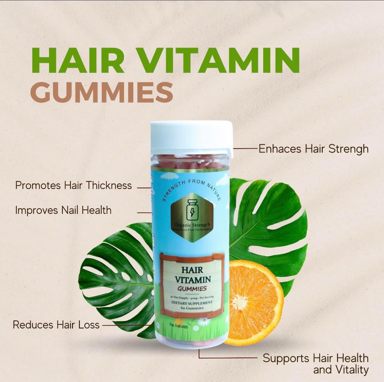 Organic Hair Vitamin Gummies with 5000 mg Biotin, VIT A 630 mcg, Folate 400+ mcg (60 Count)