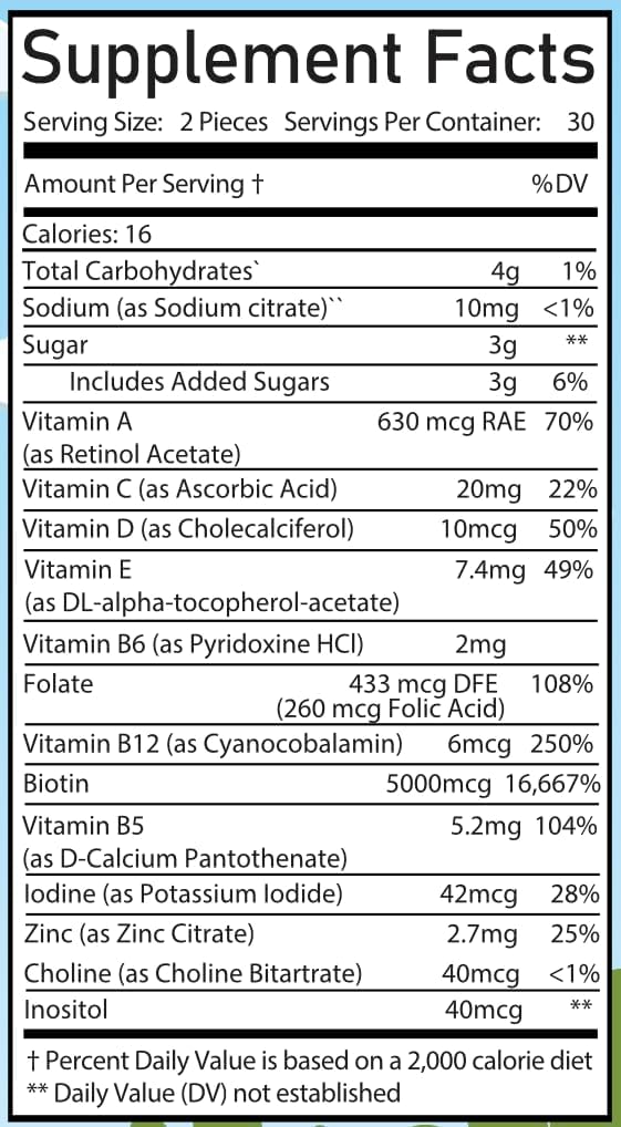 Organic Hair Vitamin Gummies with 5000 mg Biotin, VIT A 630 mcg, Folate 400+ mcg (60 Count)