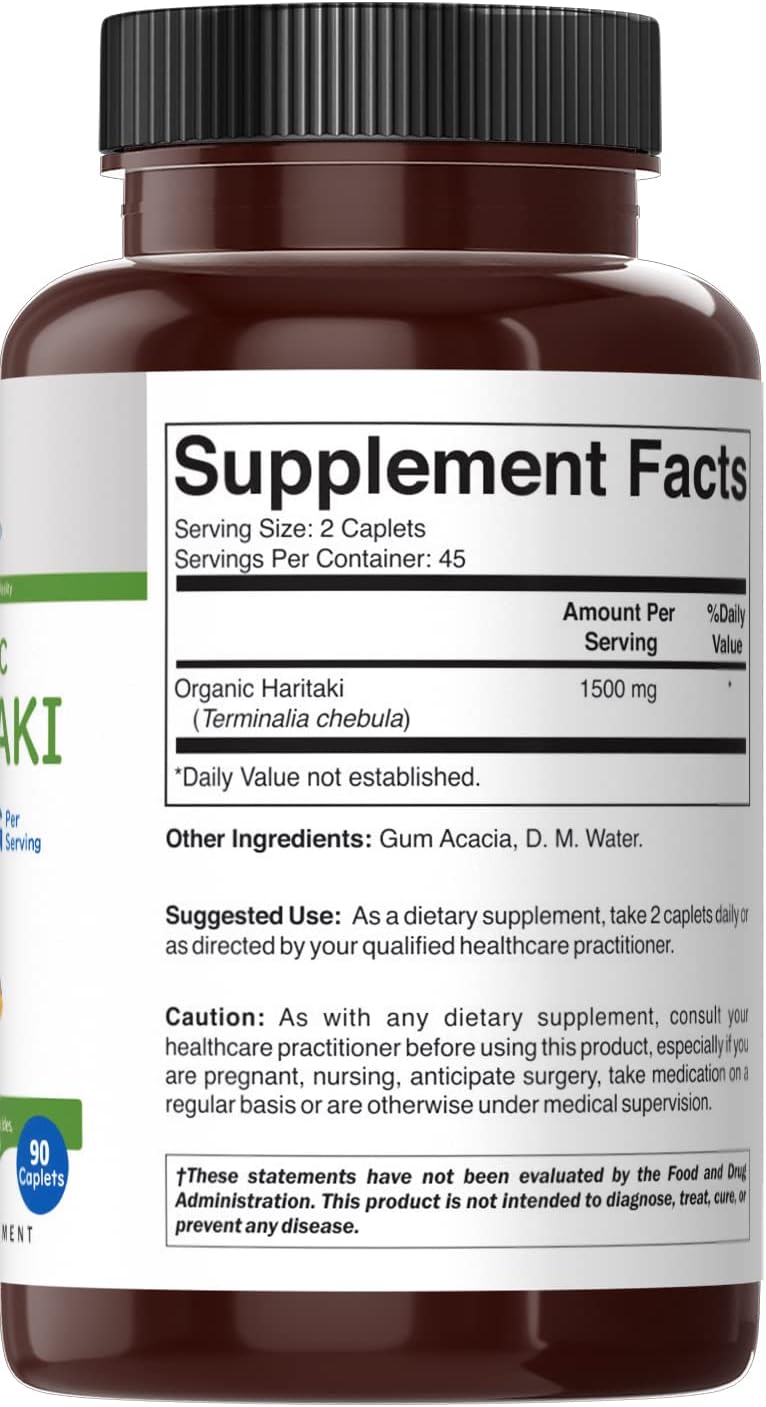Organic Haritaki Tablets 1500mg - 90 Vegetarian Tablets, Gluten Free - Brieofood