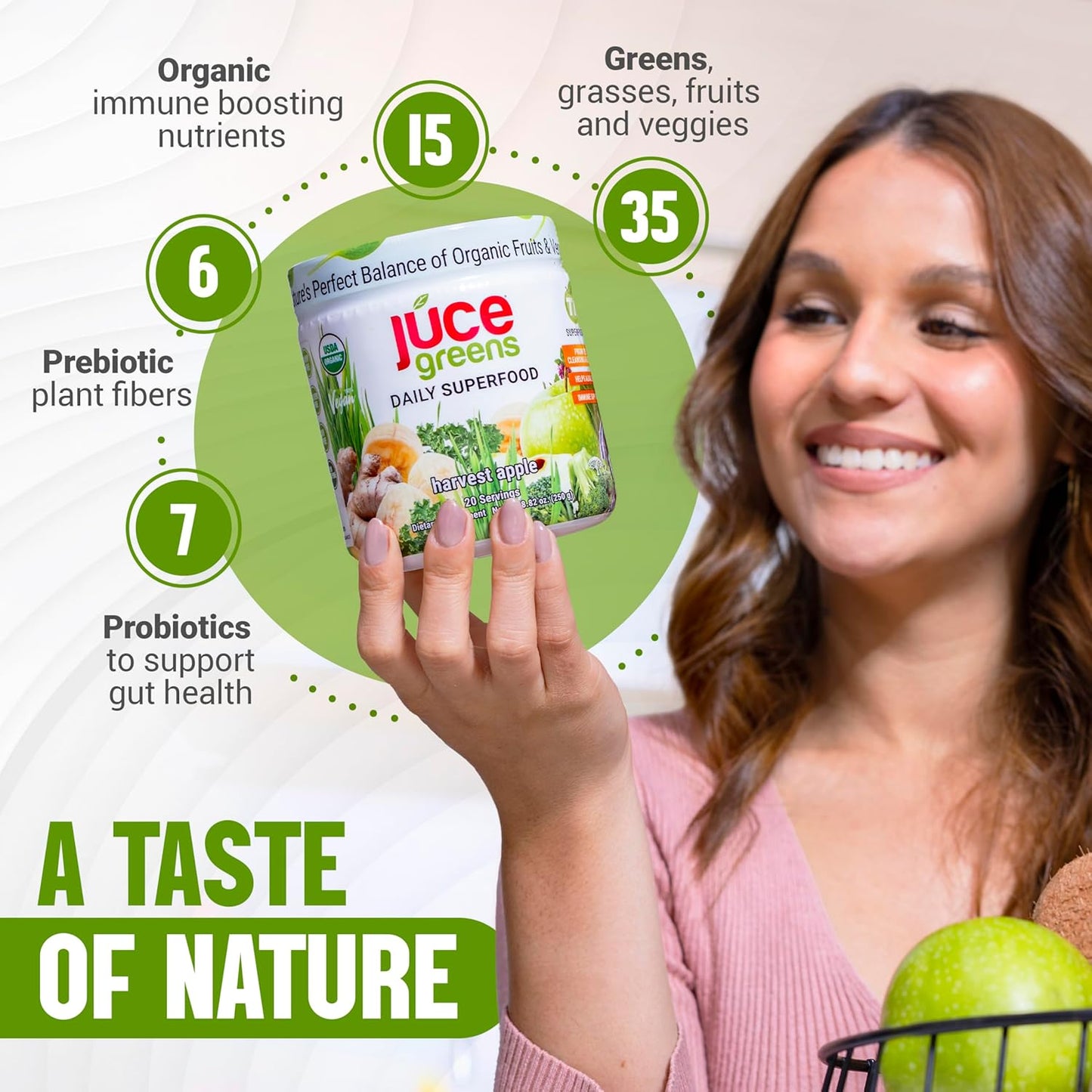 Organic Harvest Apple Superfood Powder with 77 Superfoods and Prebiotic Probiotic Blend - 20 Servings - Terra Kai Organics