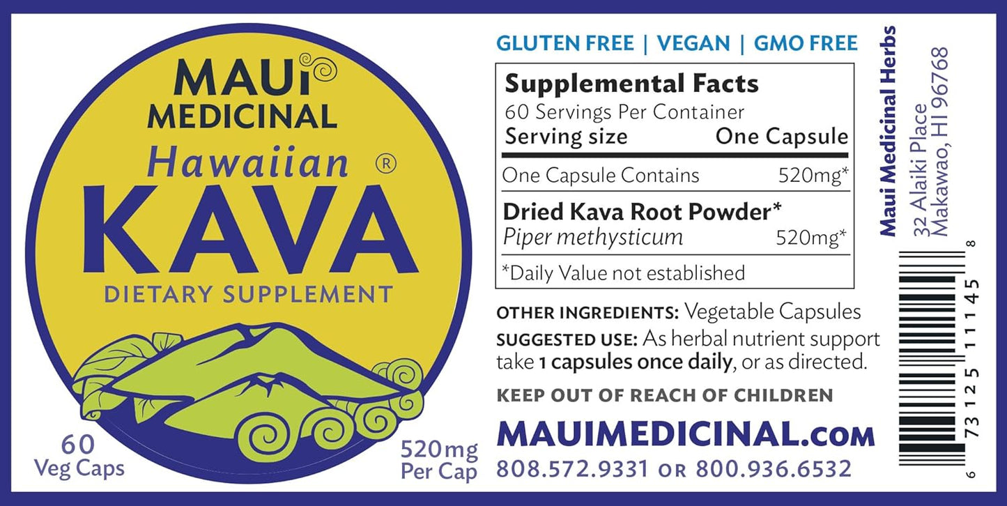 Organic Hawaiian Kava Root Capsules - 60 Veggie Capsules, 520mg - Maui Medicinal Herbs