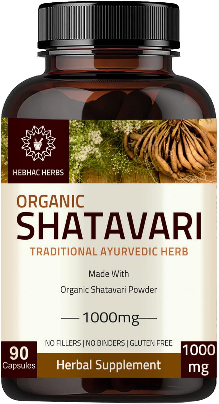 Organic Hebhac Herbs Shatavari Capsules 1000mg - 45 Day Supply | Ayurvedic Herb for Vata & Pitta (90 Capsules)