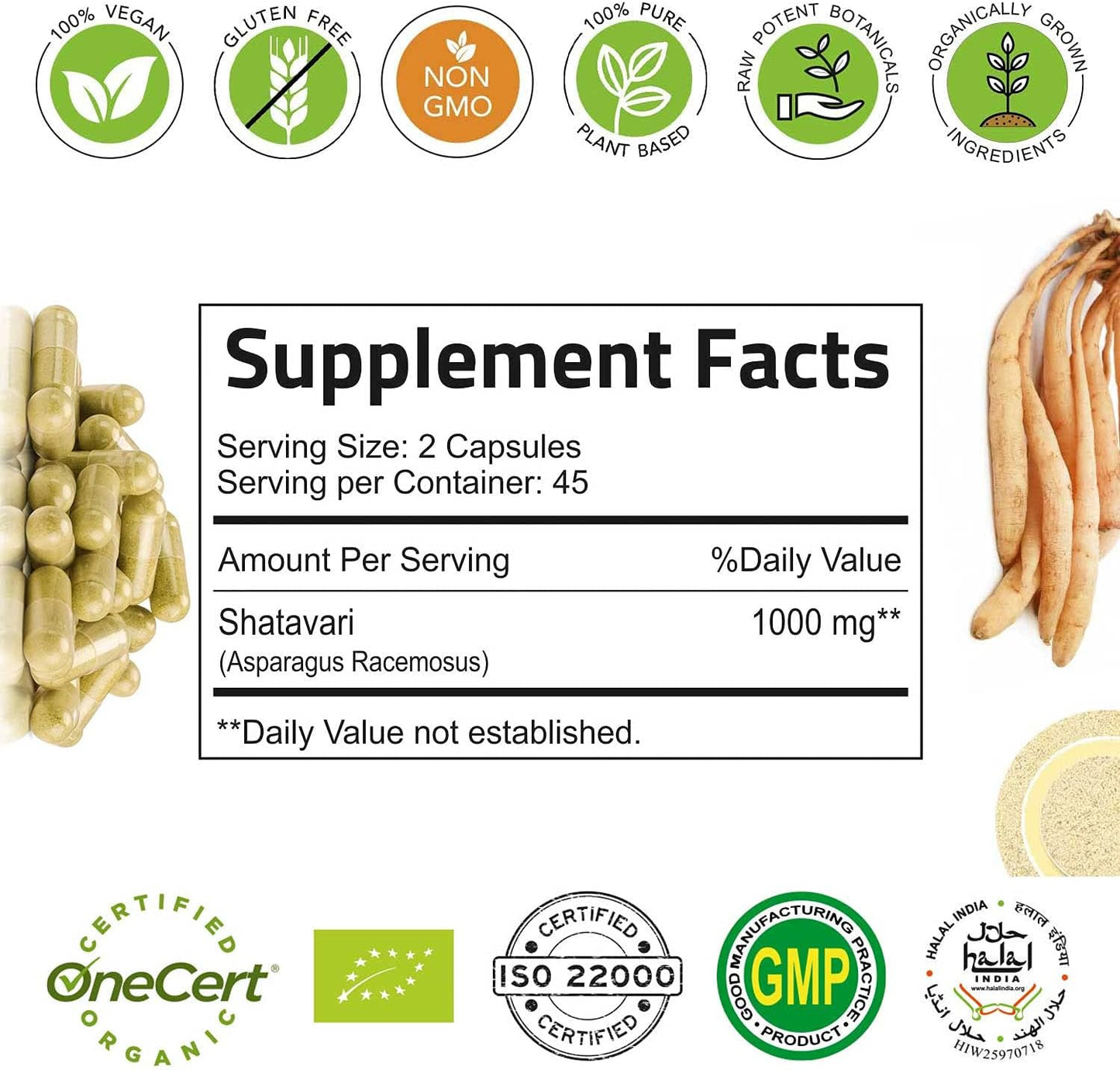 Organic Hebhac Herbs Shatavari Capsules 1000mg - 45 Day Supply | Ayurvedic Herb for Vata & Pitta (90 Capsules)