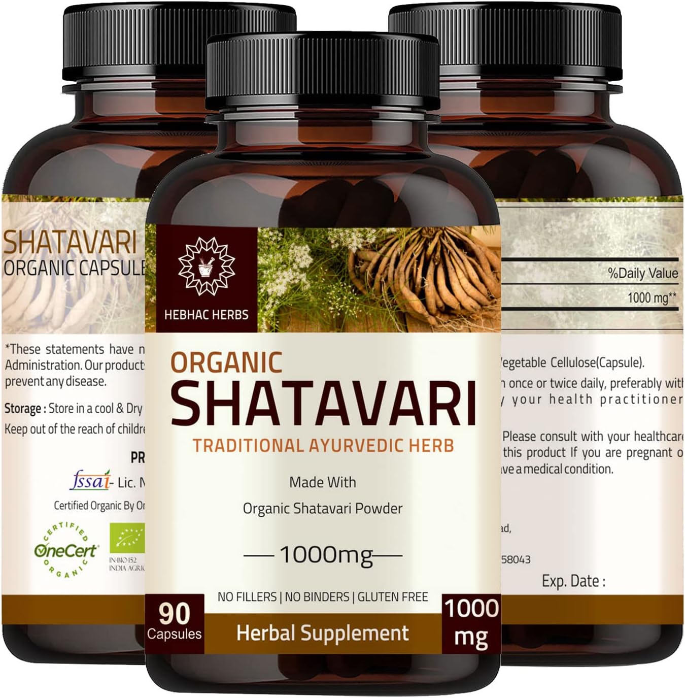 Organic Hebhac Herbs Shatavari Capsules 1000mg - 45 Day Supply | Ayurvedic Herb for Vata & Pitta (90 Capsules)
